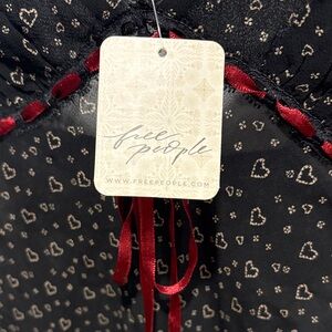 Free People Black Heart-Print Slip with Red Ribbon Detail